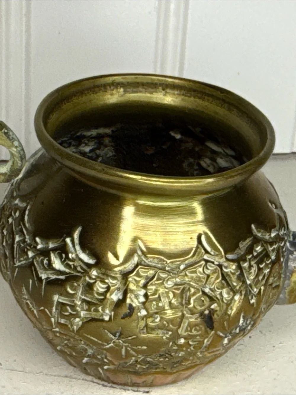 Vintage Mini Brass Metal Tea Pot Kettle w/ D Handle | MCM | Engraved